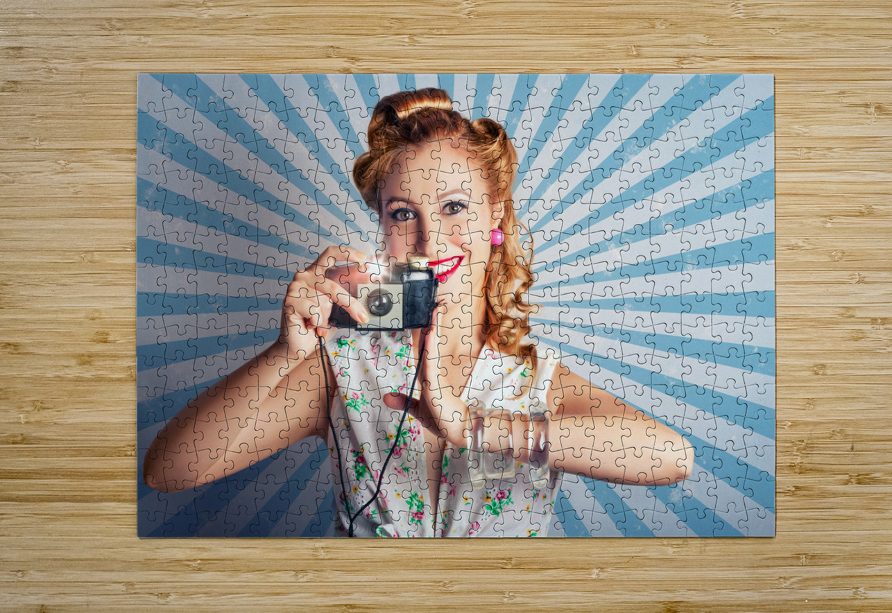 Young Happy Vintage Woman With Old Film Camera Jorgo Puzzle printing