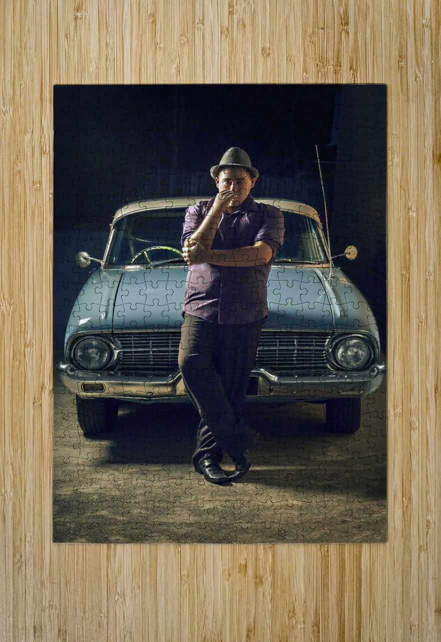 1950s private eye investigator with smoke on car Jorgo Puzzle printing