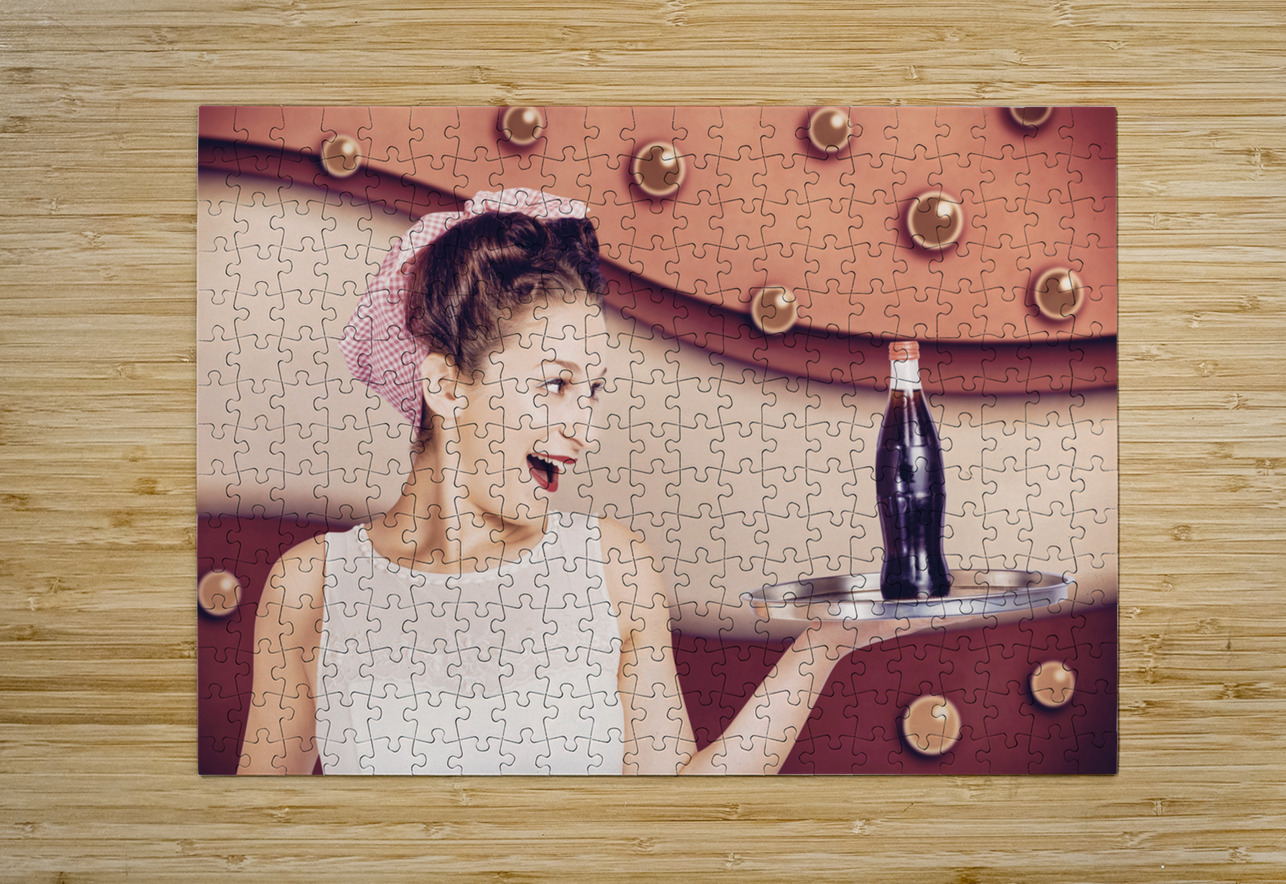 Retro pinup girl holding food and drinks tray Jorgo Puzzle printing