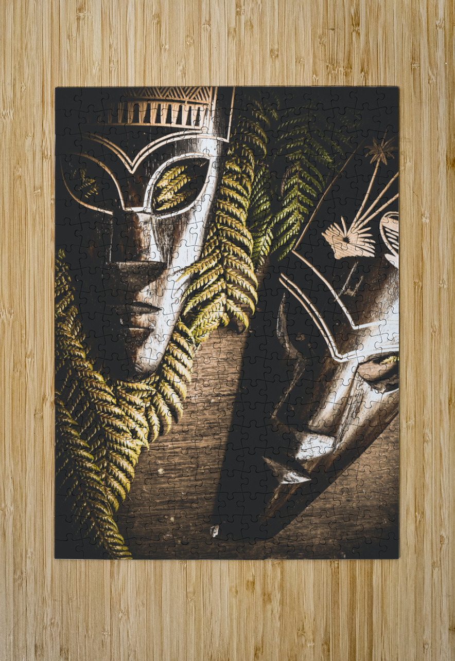 Tribal Masks With Ferns On Wooden Table Jorgo Puzzle printing