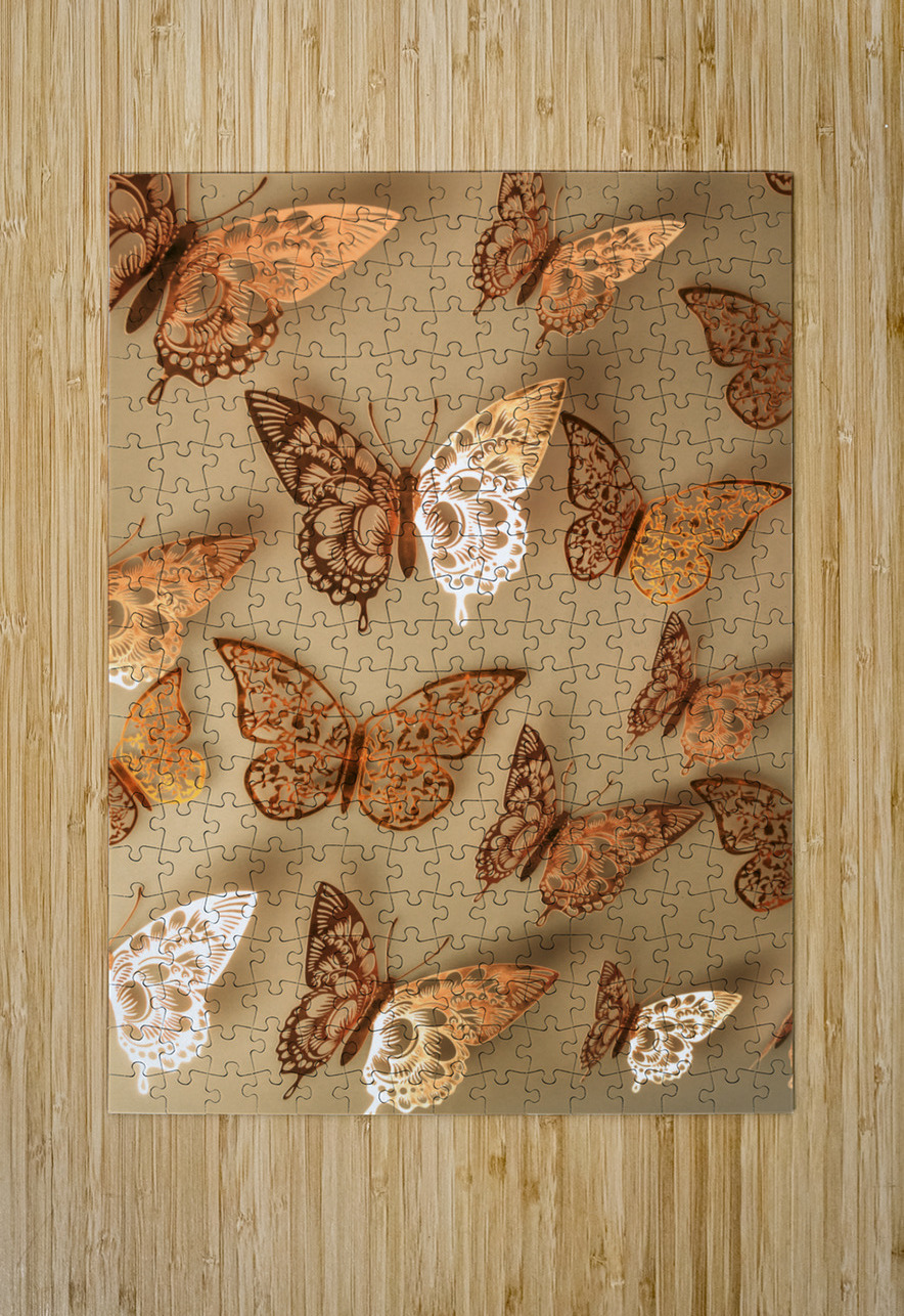 Golden butterflies adorning a soft beige wall Jorgo Puzzle printing