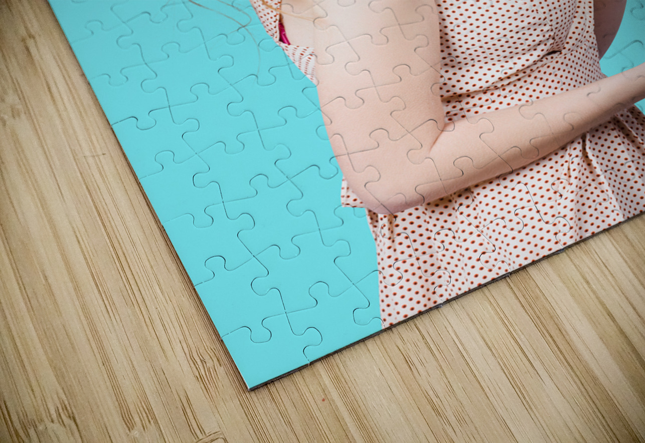 Blonde girl holding windmill fan. Natural energy Jorgo Puzzle