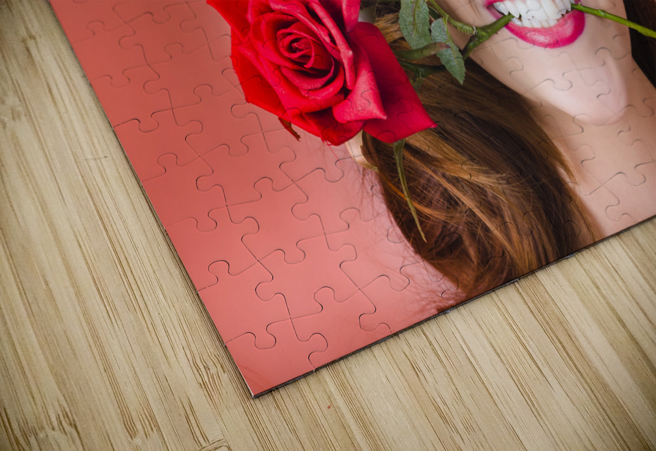 Woman gripping red rose between her teeth Jorgo Puzzle