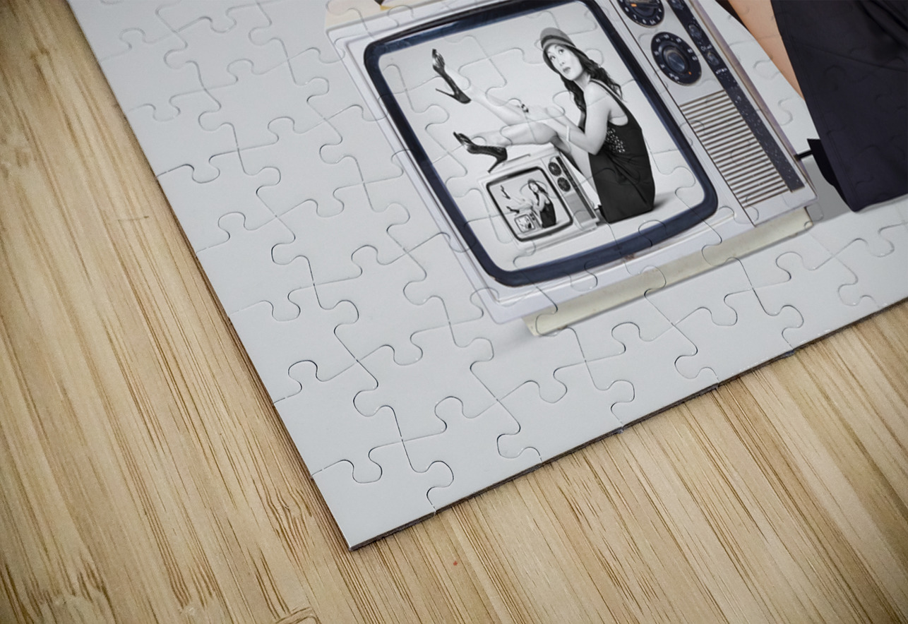 Lovely asian pinup girl posing on vintage tv set Jorgo Puzzle