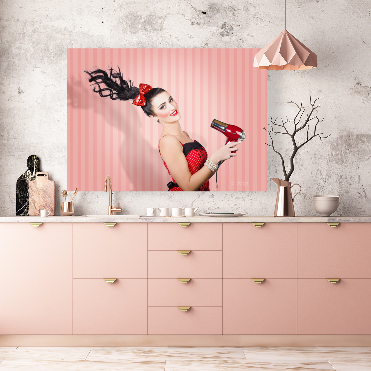 Fashion model straightening long brunette hair Art