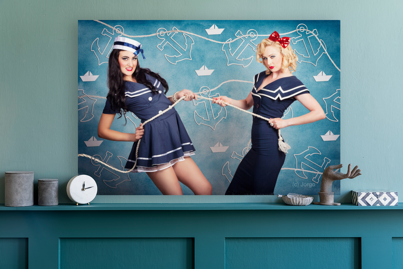 Beautiful navy pinup girls on marine background Art