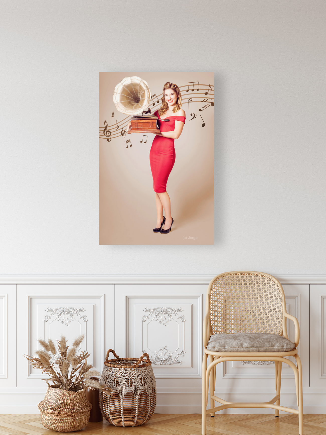 Pin-up at the disco. Vintage woman with gramophone Art