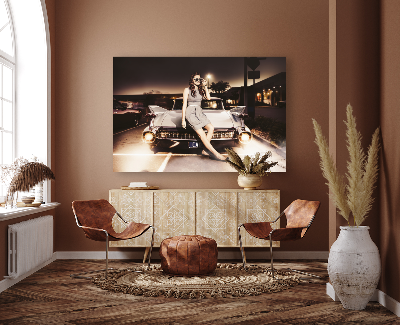 Retro Sixties Pinup Girl On Vintage Car Art