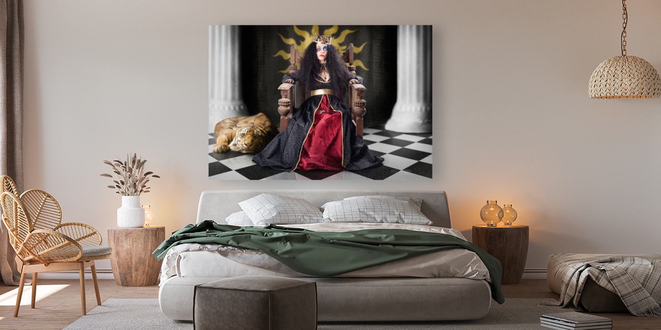 Fashion queen in crown sitting in jester court Art