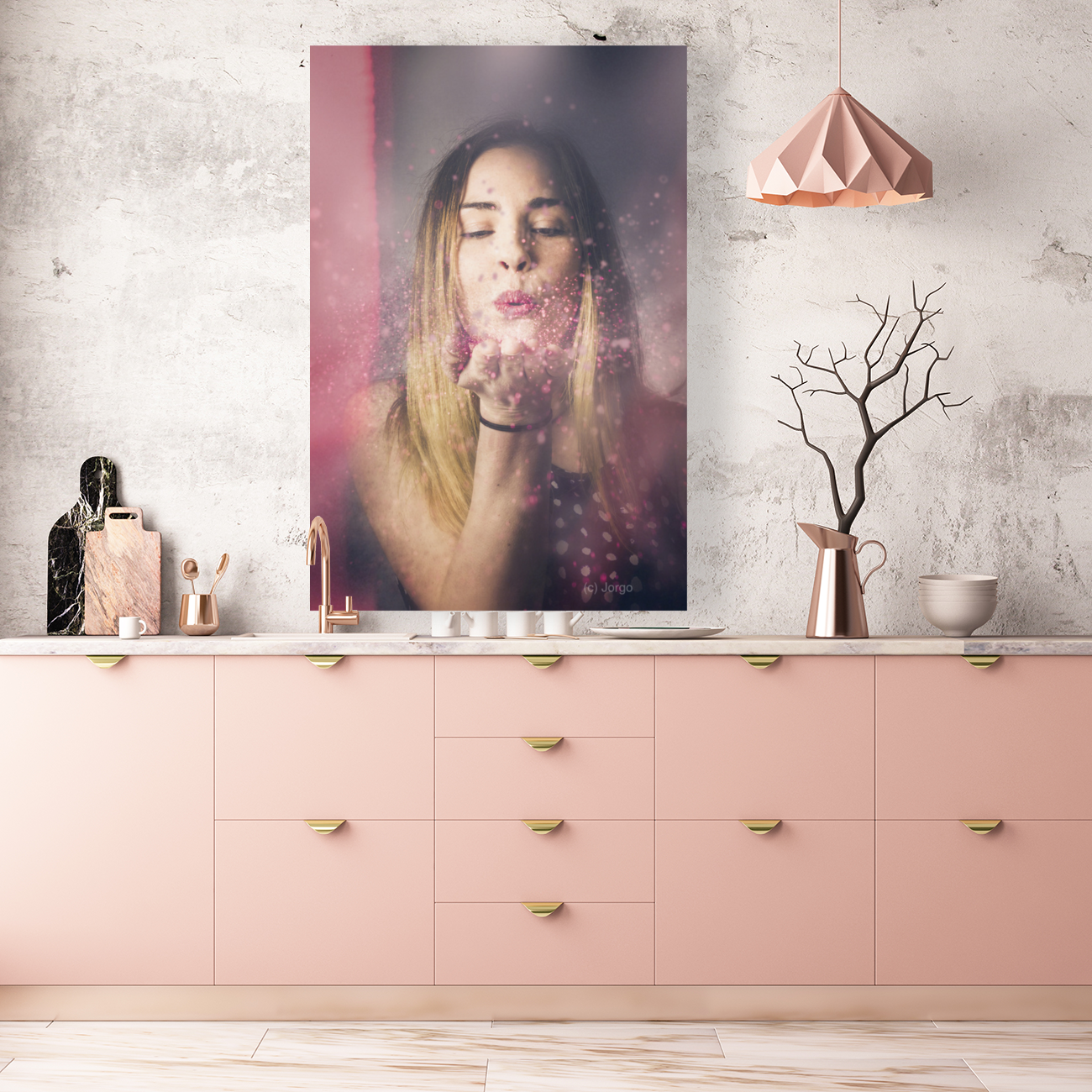 Valentine girl making wish kiss Art