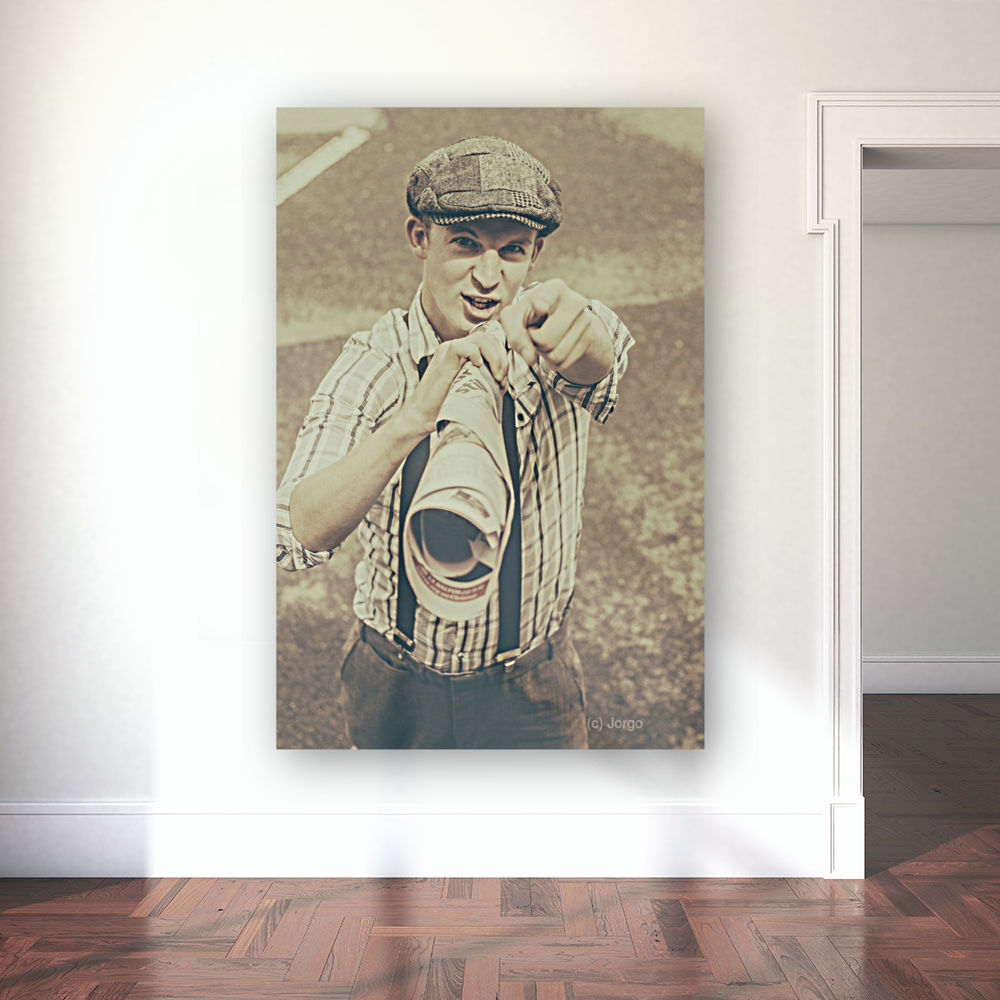 Paper boy yelling out breaking news headlines Art