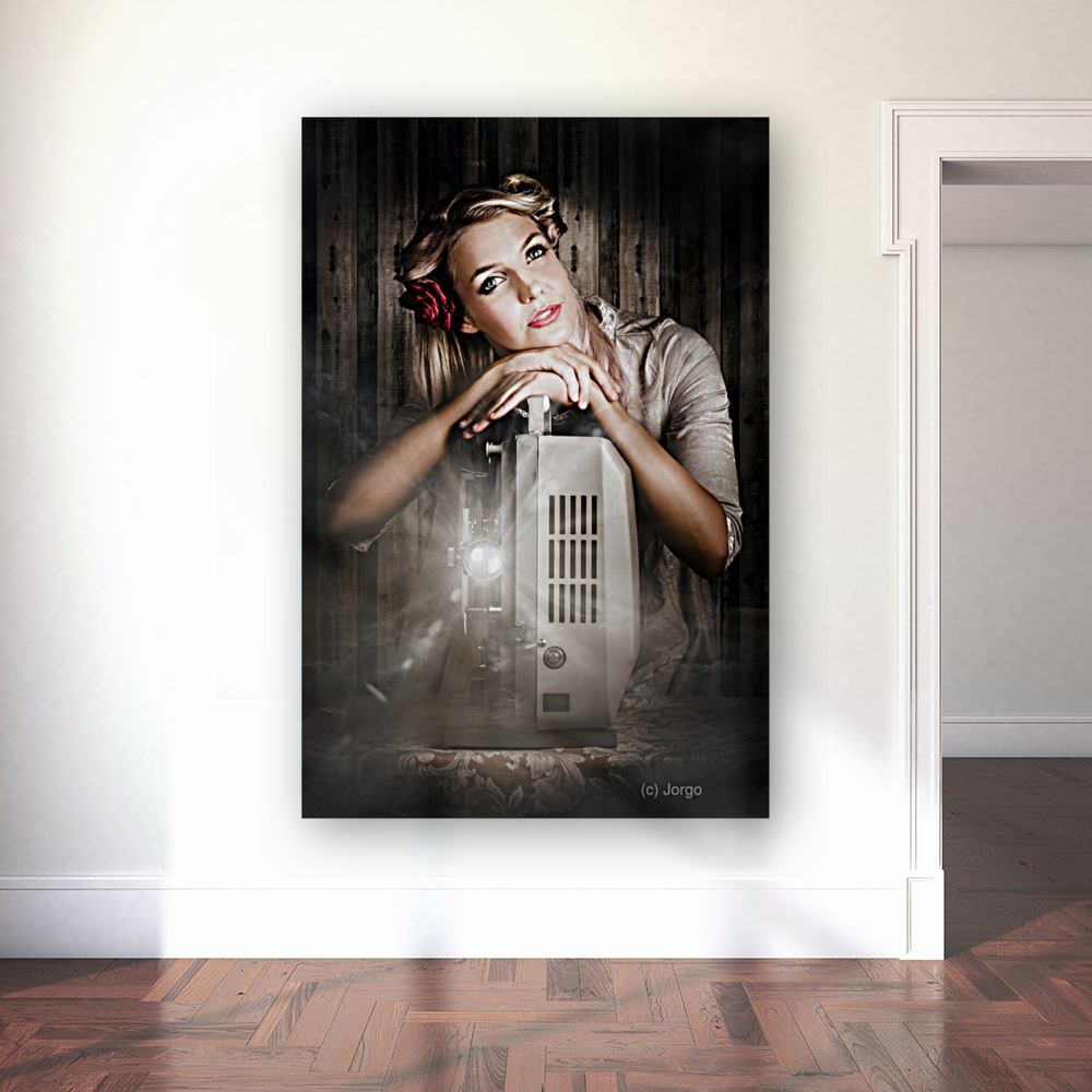 Vintage Beauty Watching Old Film Projector Movie Art