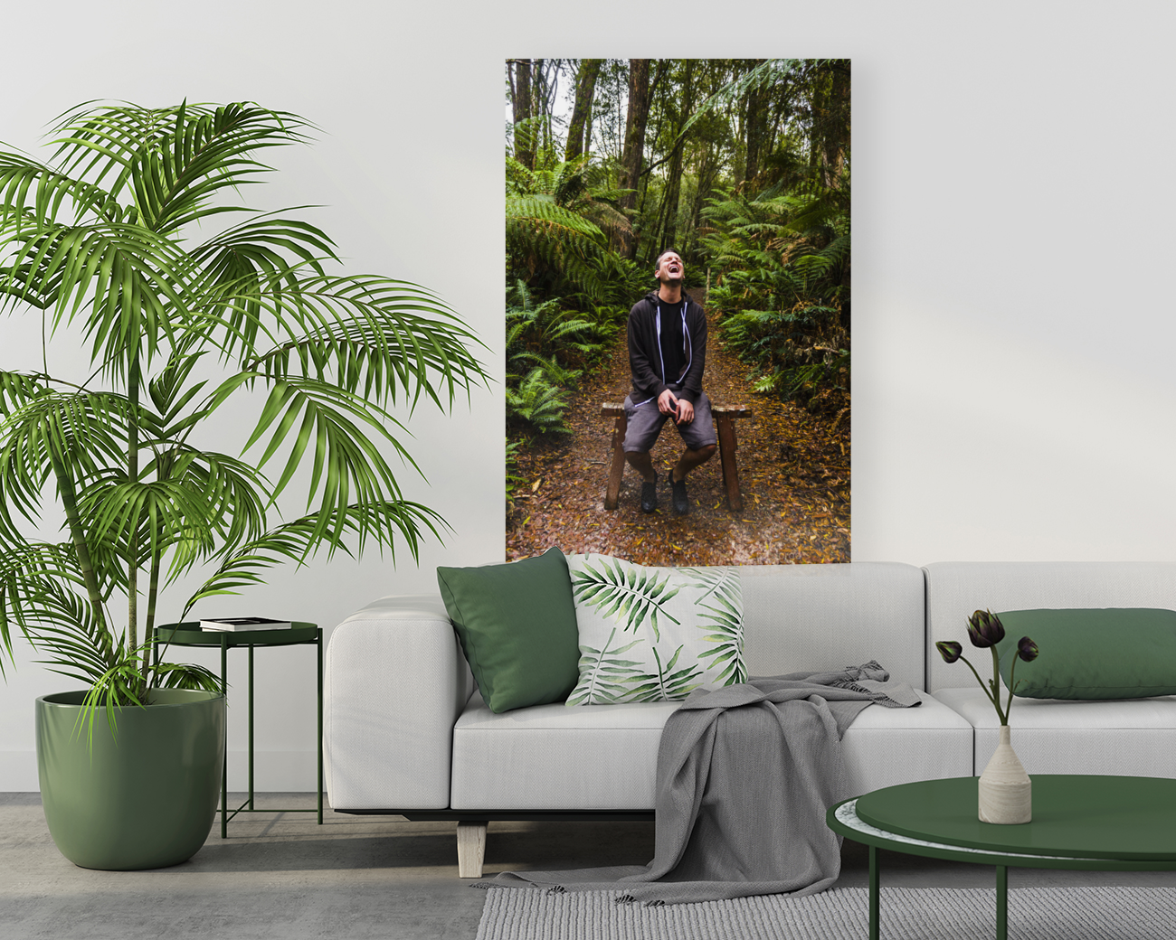 Travel man laughing in Tasmania rainforest Art