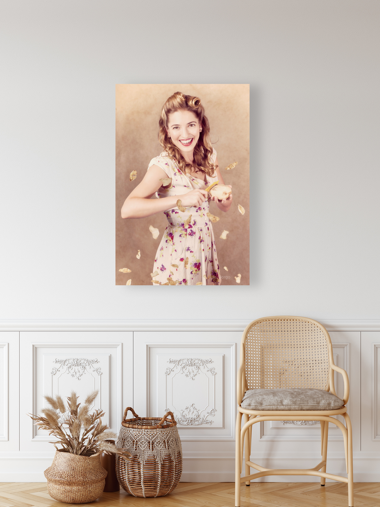 Pin-up cooking girl peeling potato. Quick recipe Art