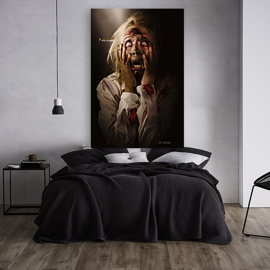 Facing dark horror. Dying zombie screaming in fear Art