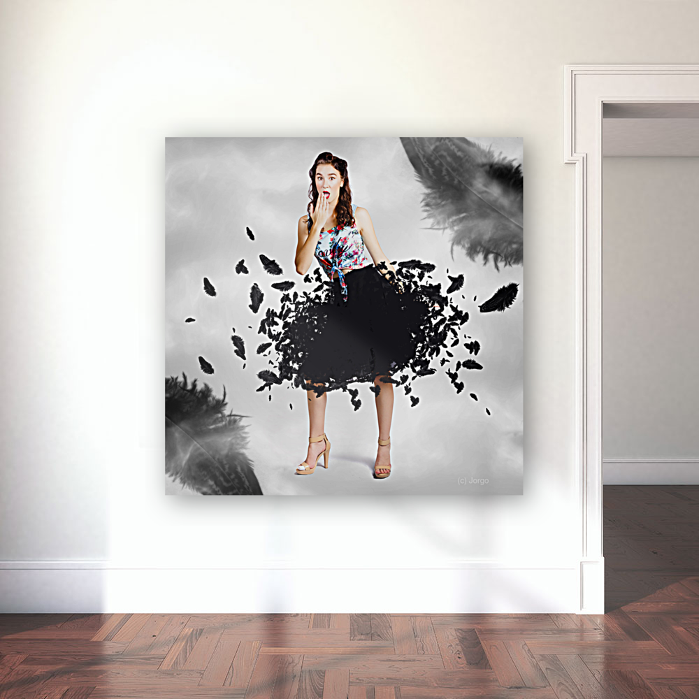 Brunette pin-up woman in gorgeous feather skirt Art