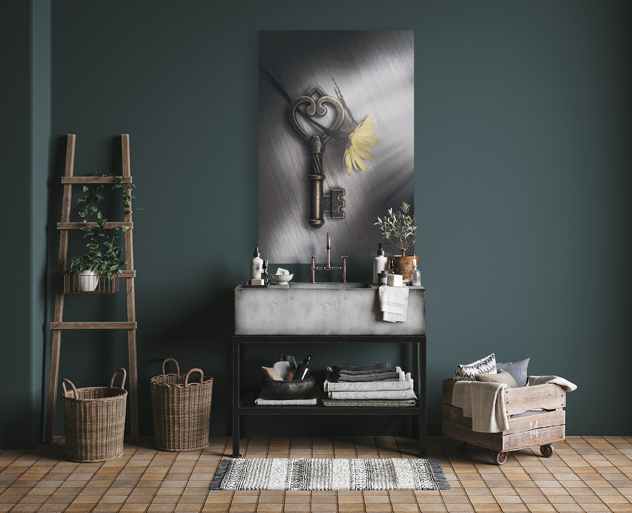 Heart shaped key with yellow flower Art