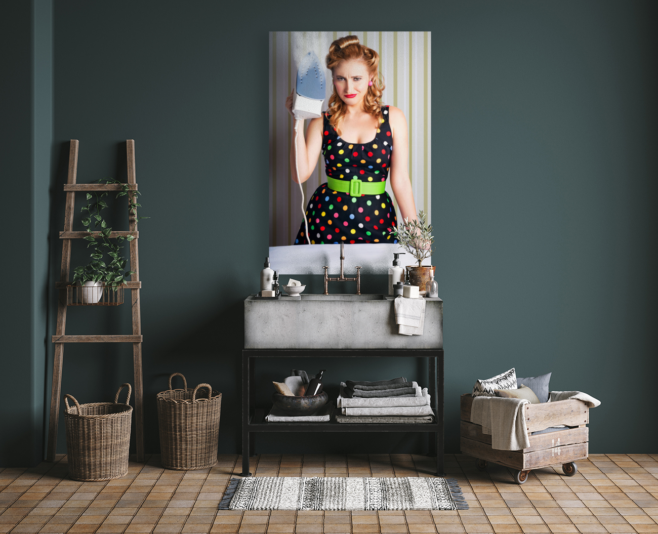 Funny 50s Pinup Girl Holding Steaming Hot Iron Art