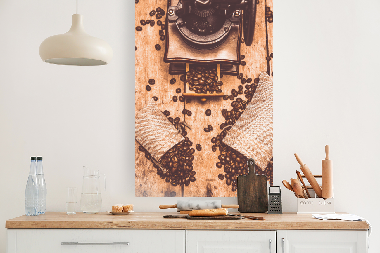 Vintage grinder with sacks of coffee beans Art