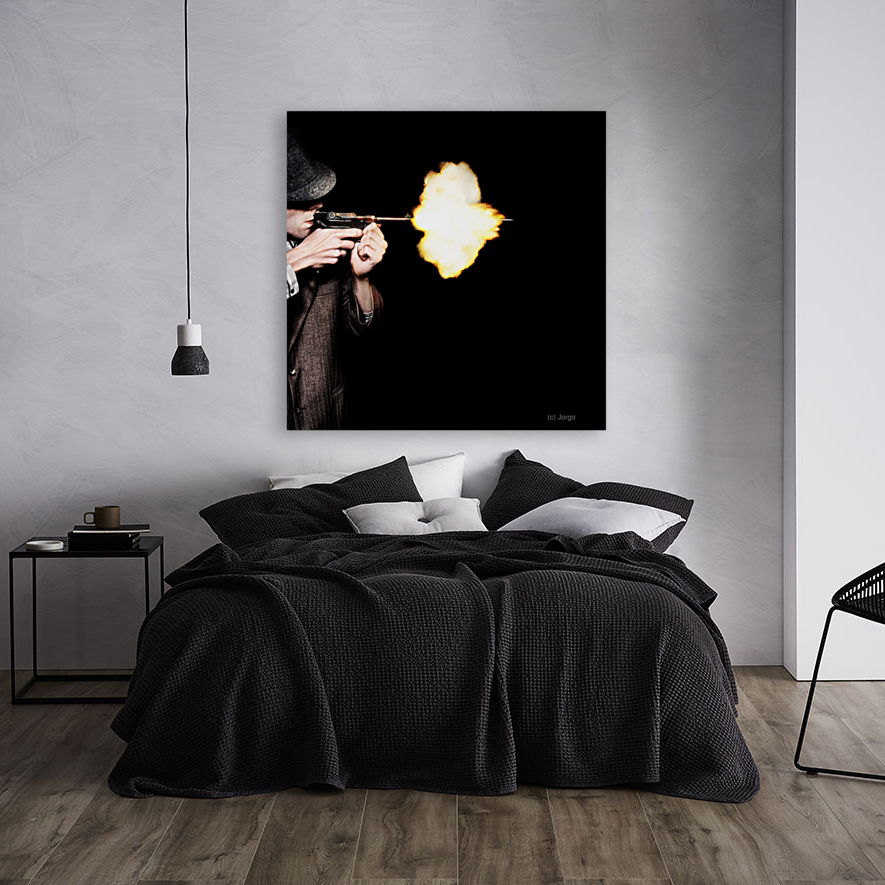 Vintage Gangster Man Shooting Gun On Black Art