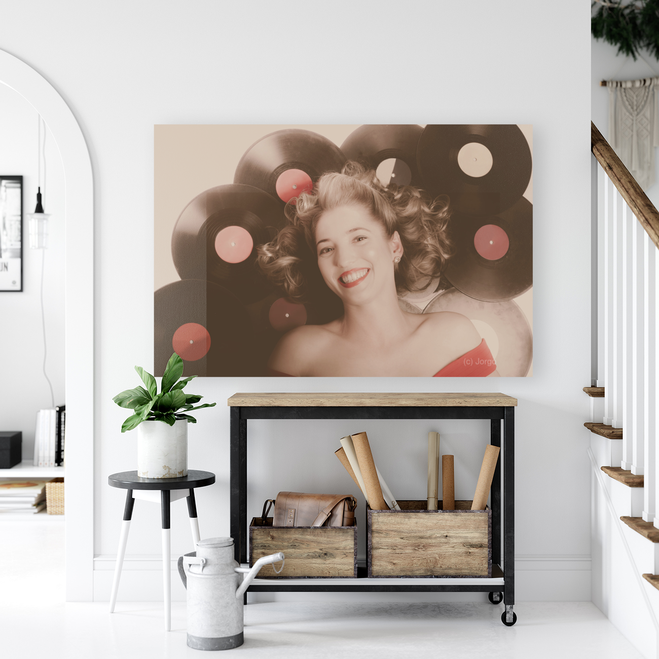 Classic pin up girl on vintage vinyl lp records Art