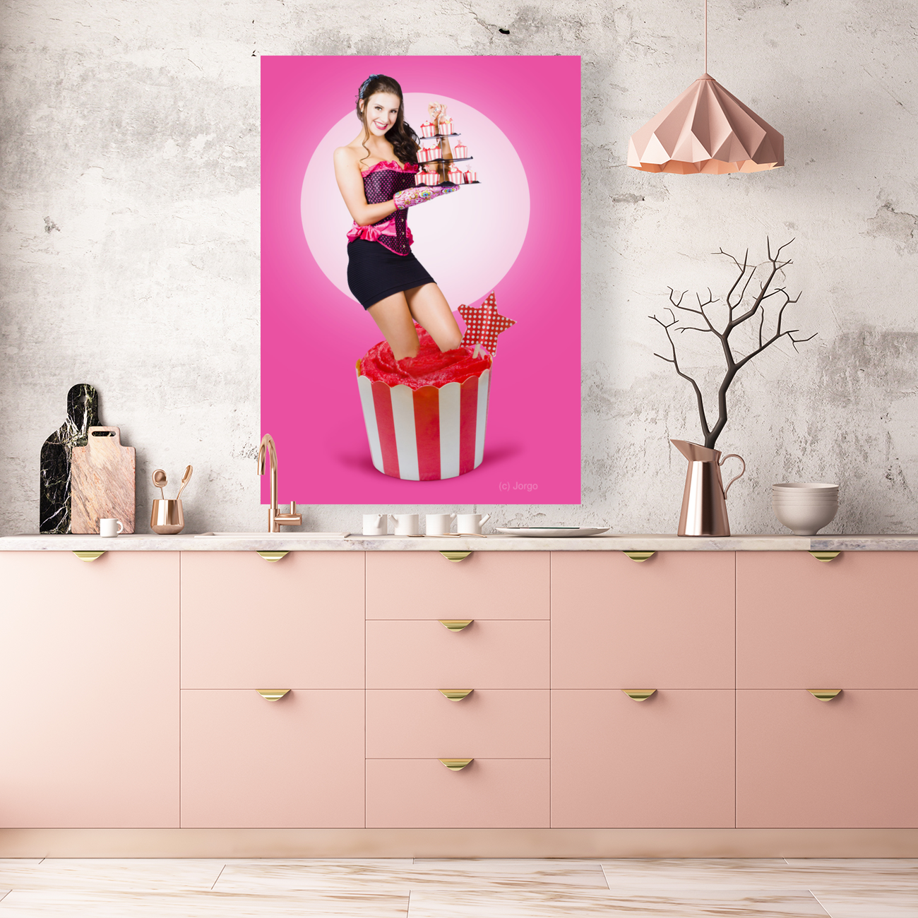 Pin-up girl popping out of large birthday cake Art