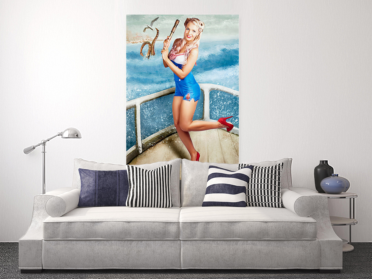 Beautiful Pinup Woman On Sightseeing Travel Cruise Art
