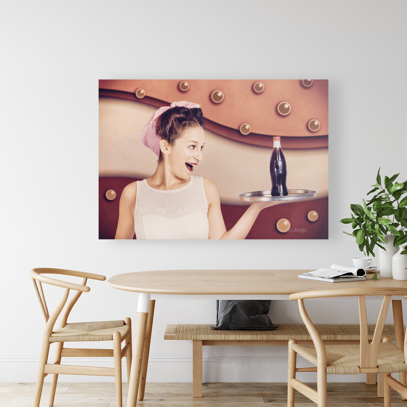 Retro pinup girl holding food and drinks tray Art