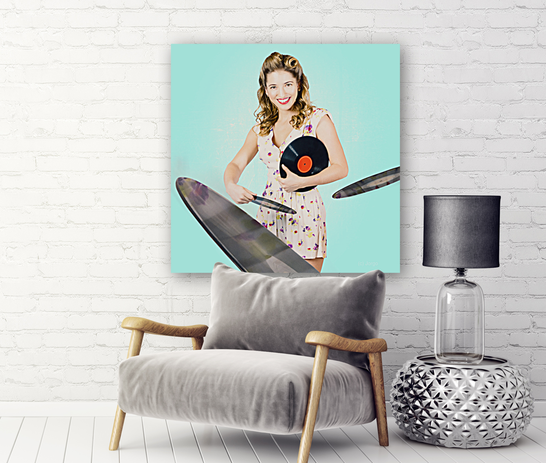 Beautiful 70s DJ pinup girl with record music disc Art